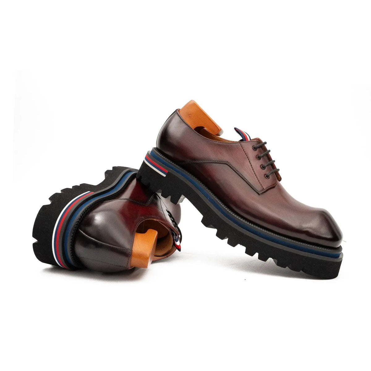 Burgundy Square-Toe Derby Shoes with Pull Tab