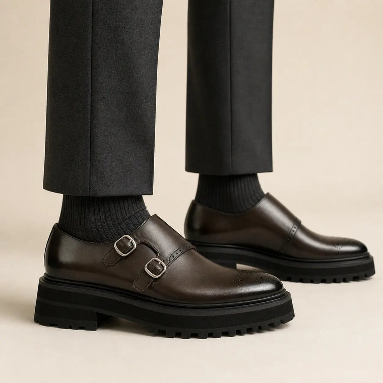 Dark Brown Lug Sole Double Buckle Monk Shoe