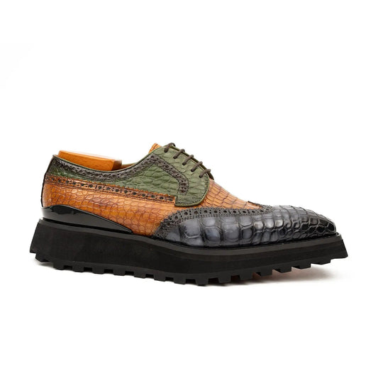 Genuine Crocodile Leather Handmade Grey Brown Brogue Shoes Divinch