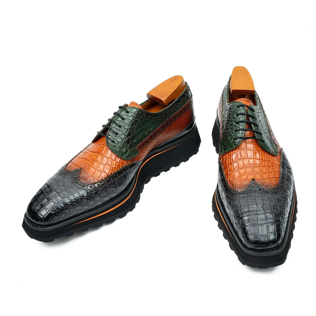Genuine Crocodile Leather Handmade Grey Brown Brogue Shoes Divinch