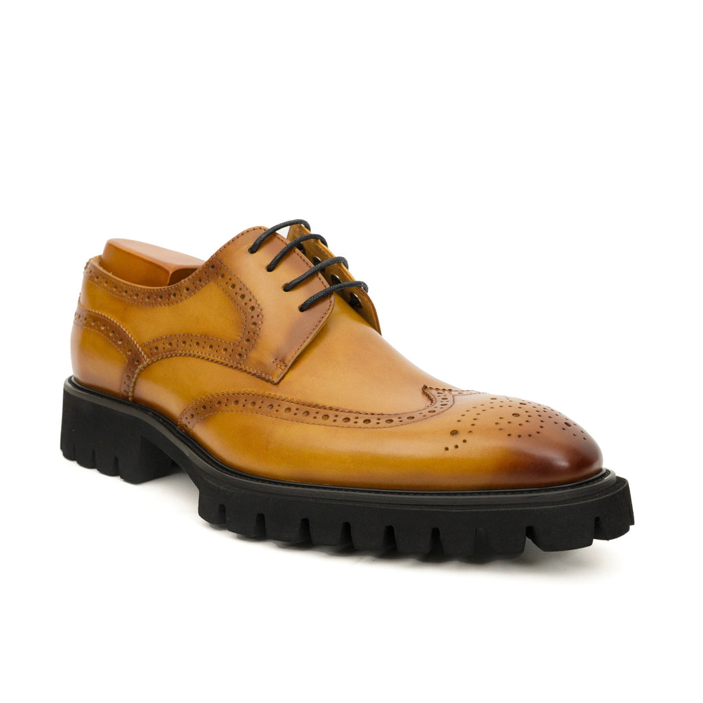 Golden Tan Brown Glossy Lug-Sole Wingtip Derby Shoe DIVINCH
