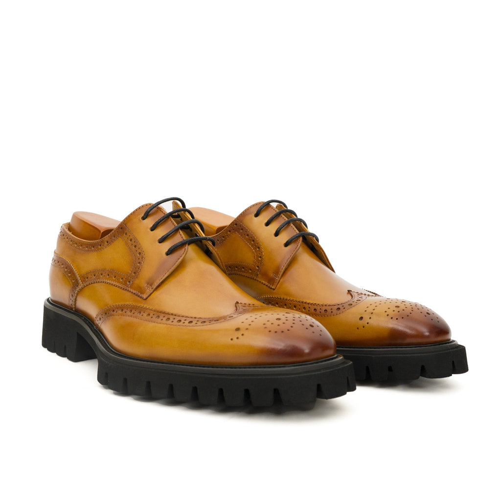 Golden Tan Brown Glossy Lug-Sole Wingtip Derby Shoe DIVINCH