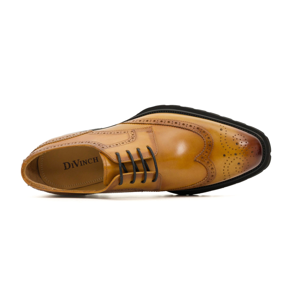 Golden Tan Brown Glossy Lug-Sole Wingtip Derby Shoe DIVINCH