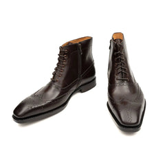 Dark Brown Wingtip Cow Leather Ankle Boots