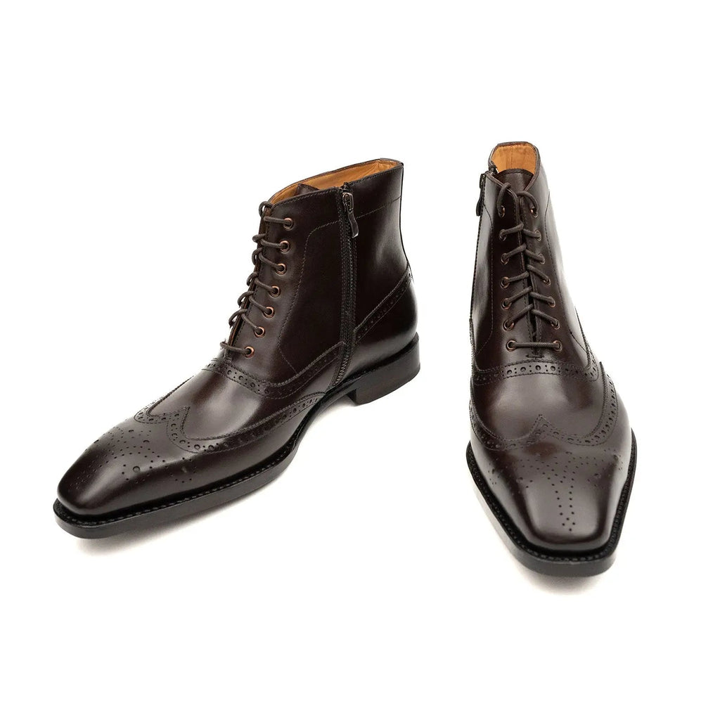 Dark Brown Square-Wingtip Ankle Boots with Side Zipper