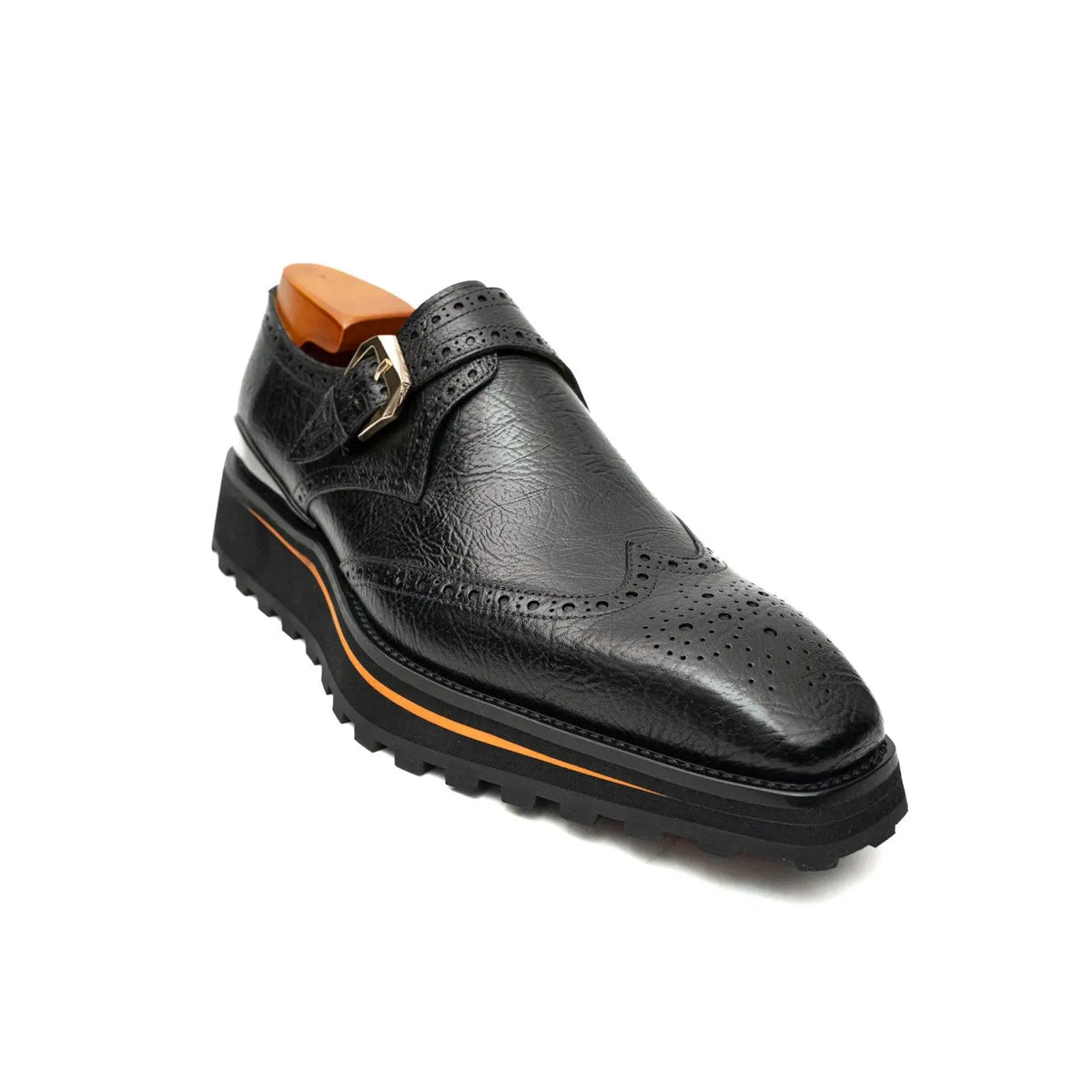Black Pebbled Wingtip Monk Shoe with Square Toe