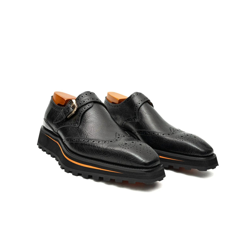 Black Pebbled Wingtip Monk Shoe with Square Toe