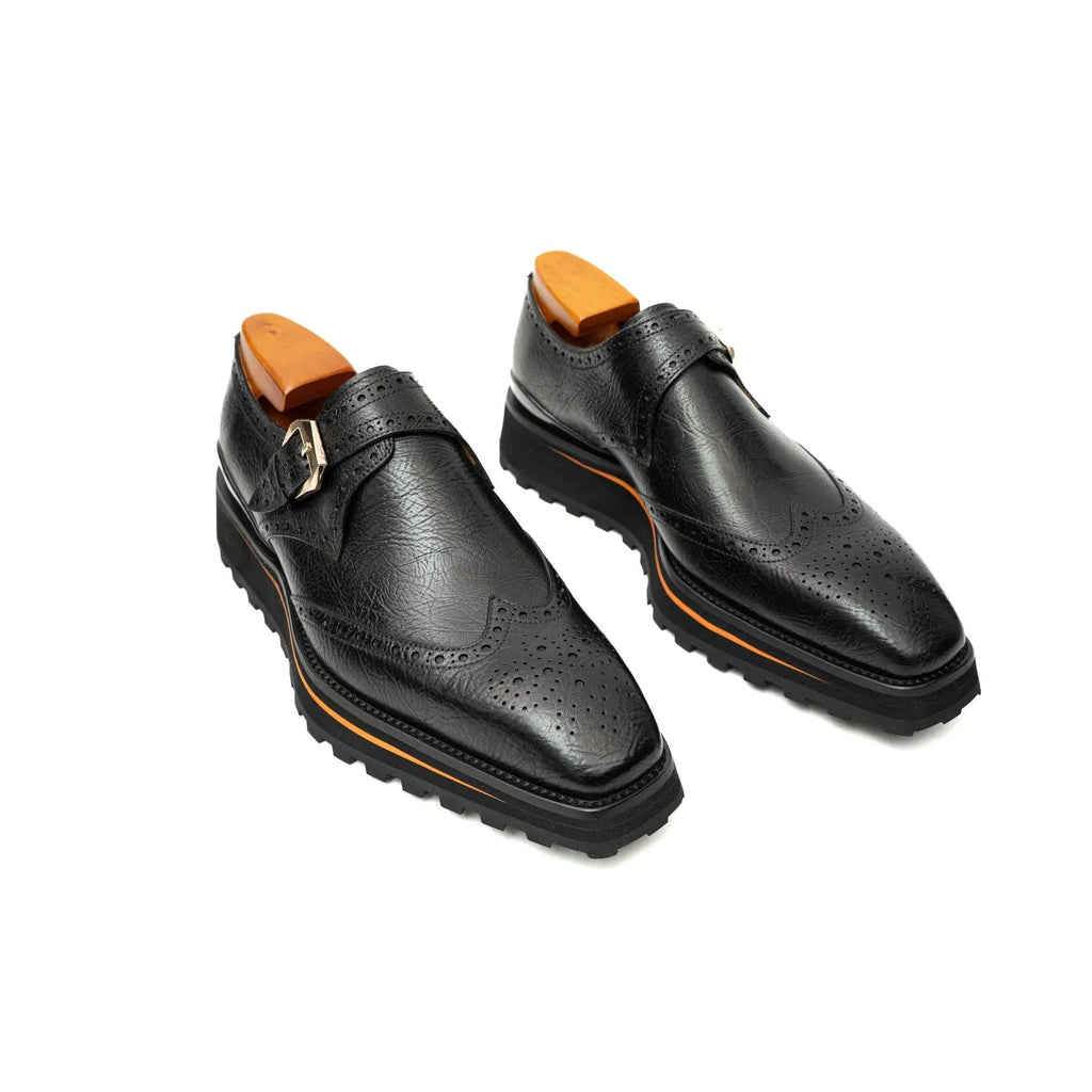 Black Pebbled Wingtip Monk Shoe with Square Toe