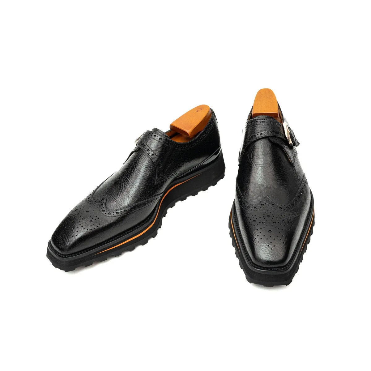 Black Pebbled Wingtip Monk Shoe with Square Toe