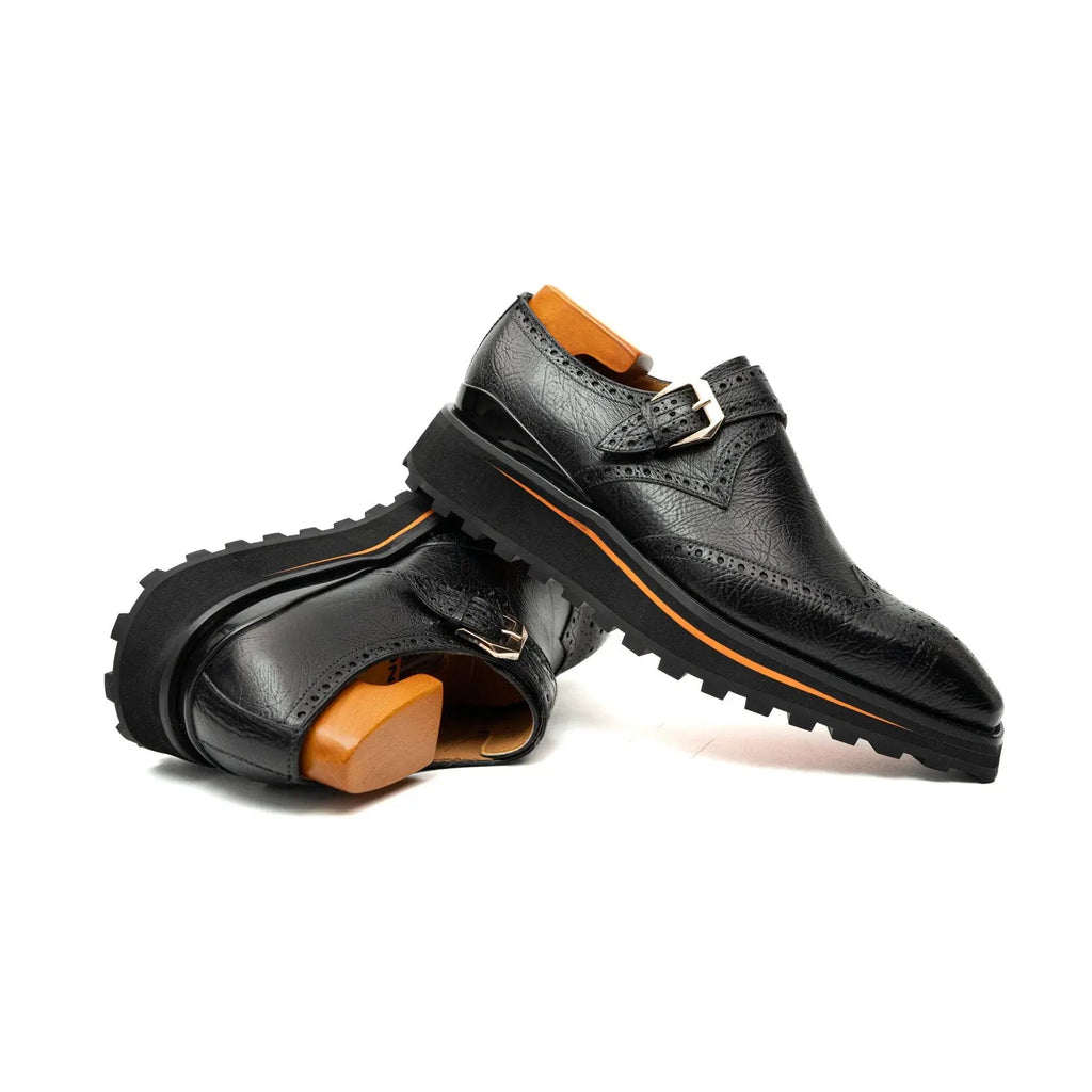 Black Pebbled Wingtip Monk Shoe with Square Toe