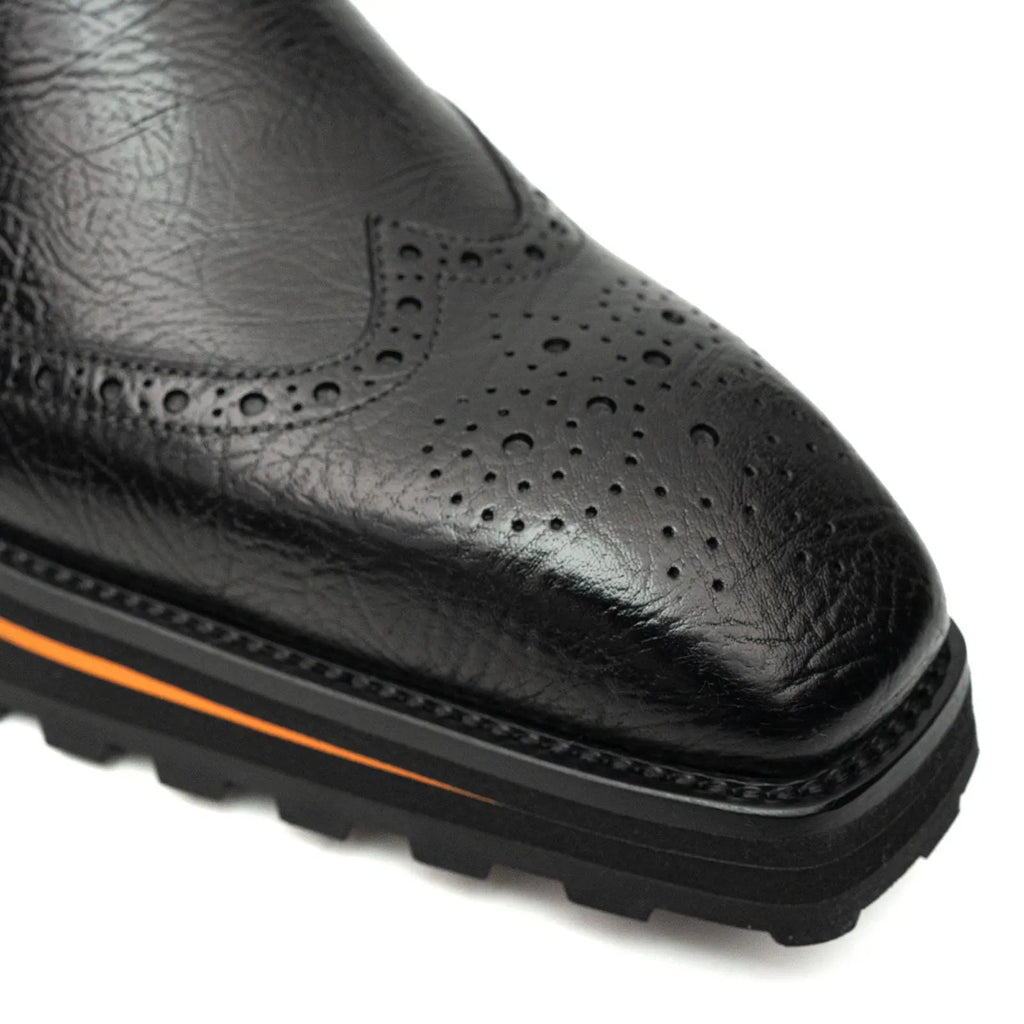 Black Pebbled Wingtip Monk Shoe with Square Toe