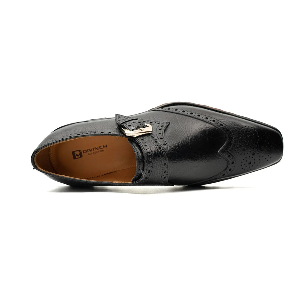 Black Pebbled Wingtip Monk Shoe with Square Toe