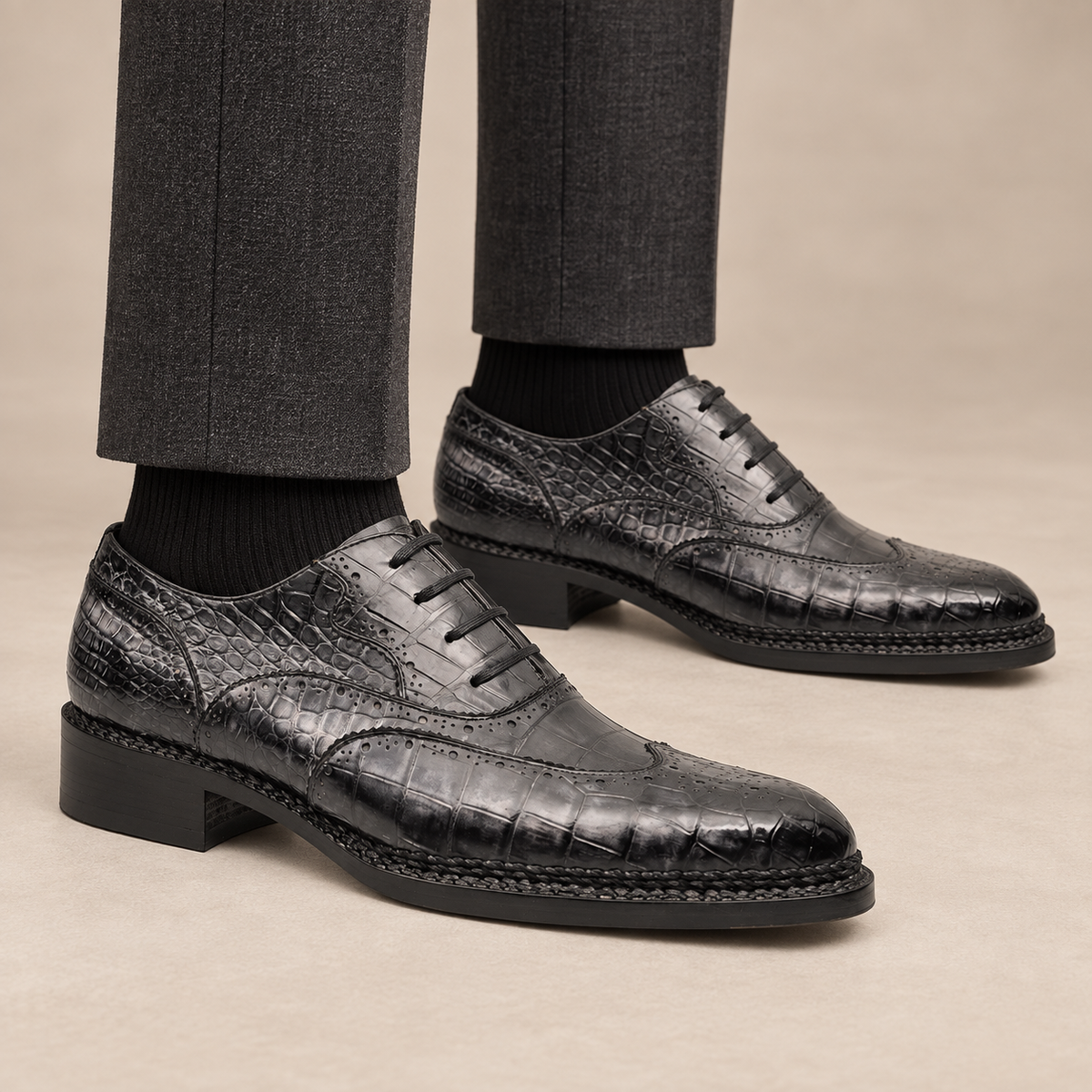 Charcoal Gray-Black Textured Lace-Up Dress Shoe — DIVINCH hero image