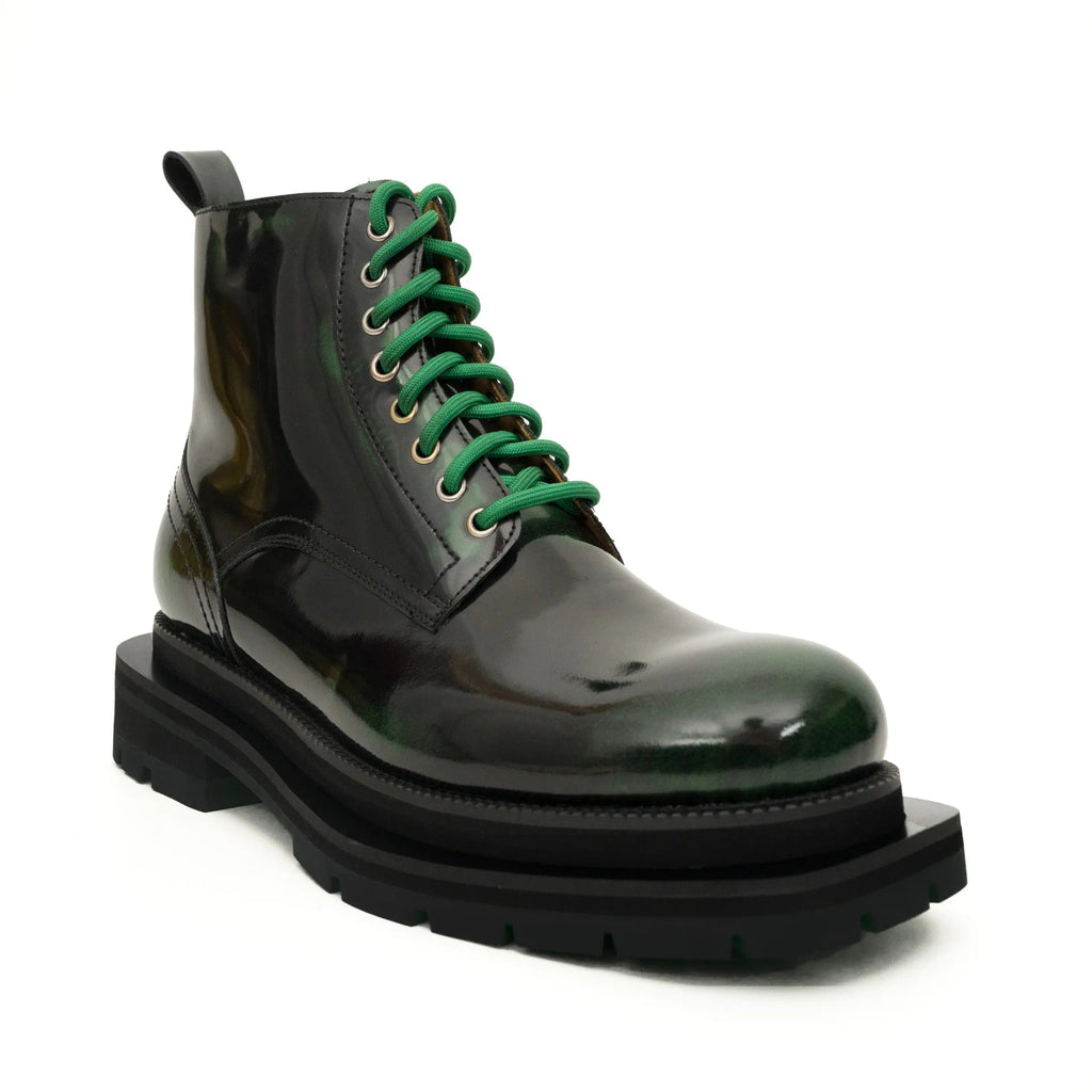 Green-Black Polished Lace-Up Boots DIVINCH