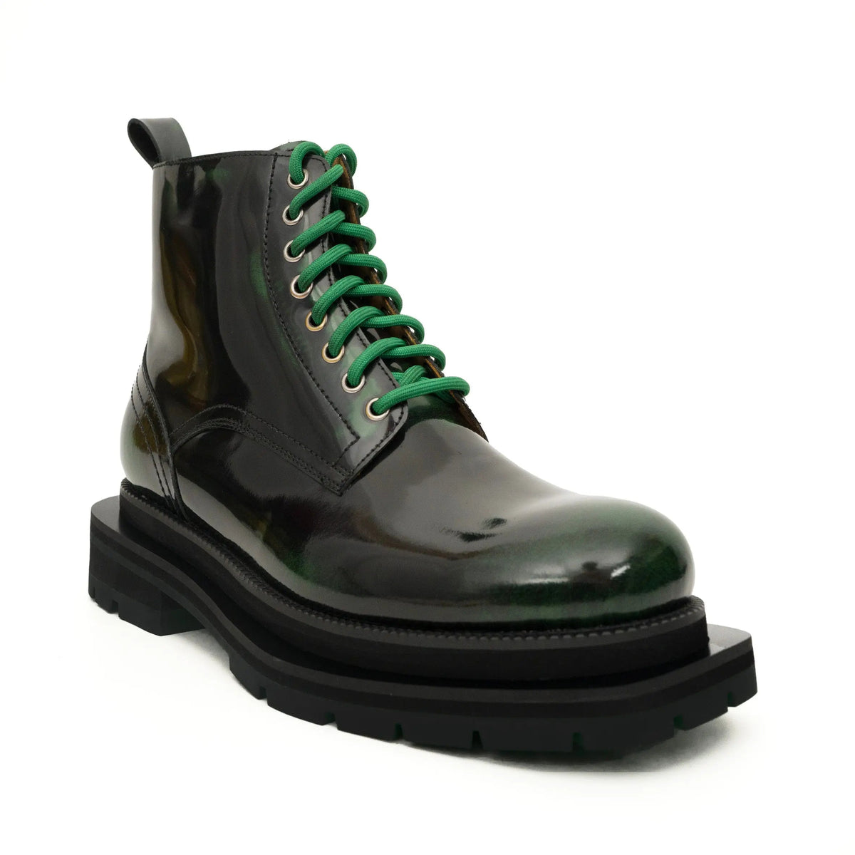 Green-Black Polished Lace-Up Boots DIVINCH