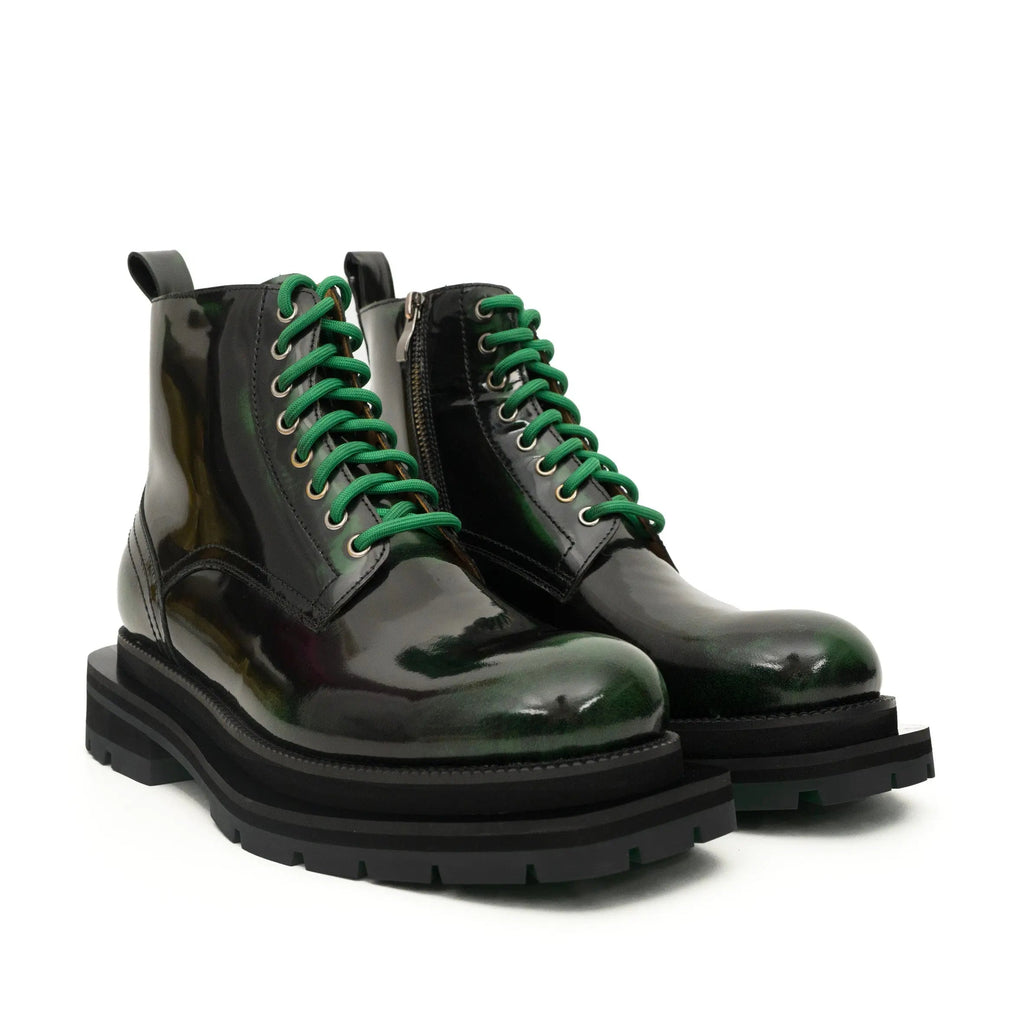 Green-Black Polished Lace-Up Boots DIVINCH
