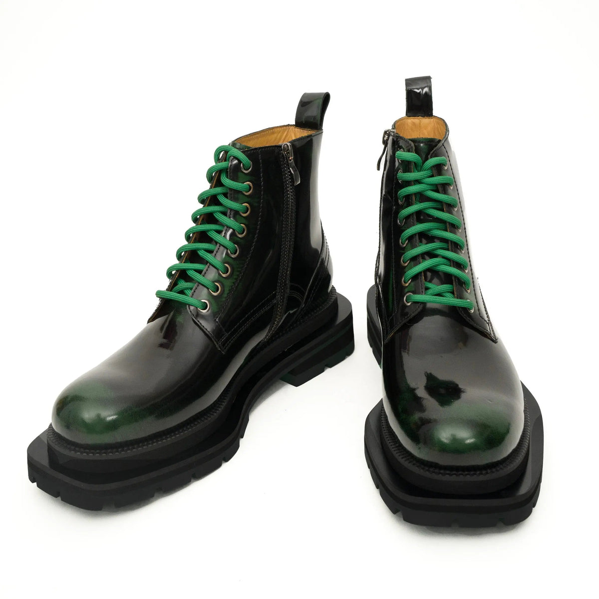 Green-Black Polished Lace-Up Boots DIVINCH