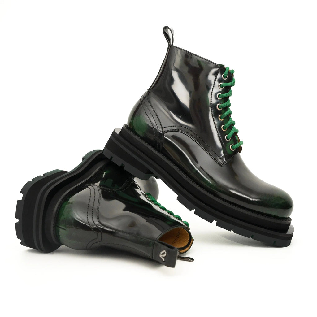 Green-Black Polished Lace-Up Boots DIVINCH
