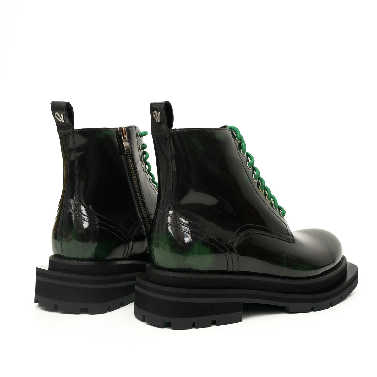 Green-Black Polished Lace-Up Boots DIVINCH