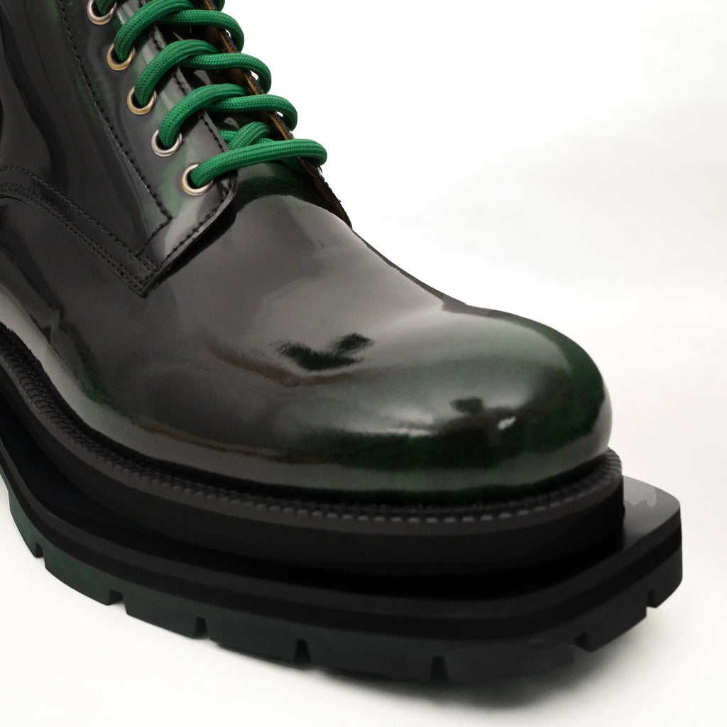Green-Black Polished Lace-Up Boots DIVINCH