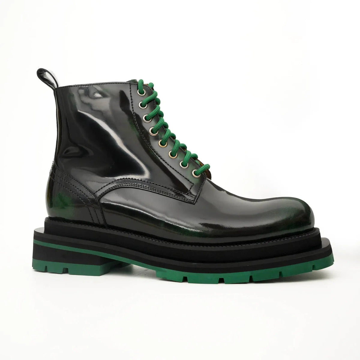Green-Black Polished Lace-Up Boots DIVINCH