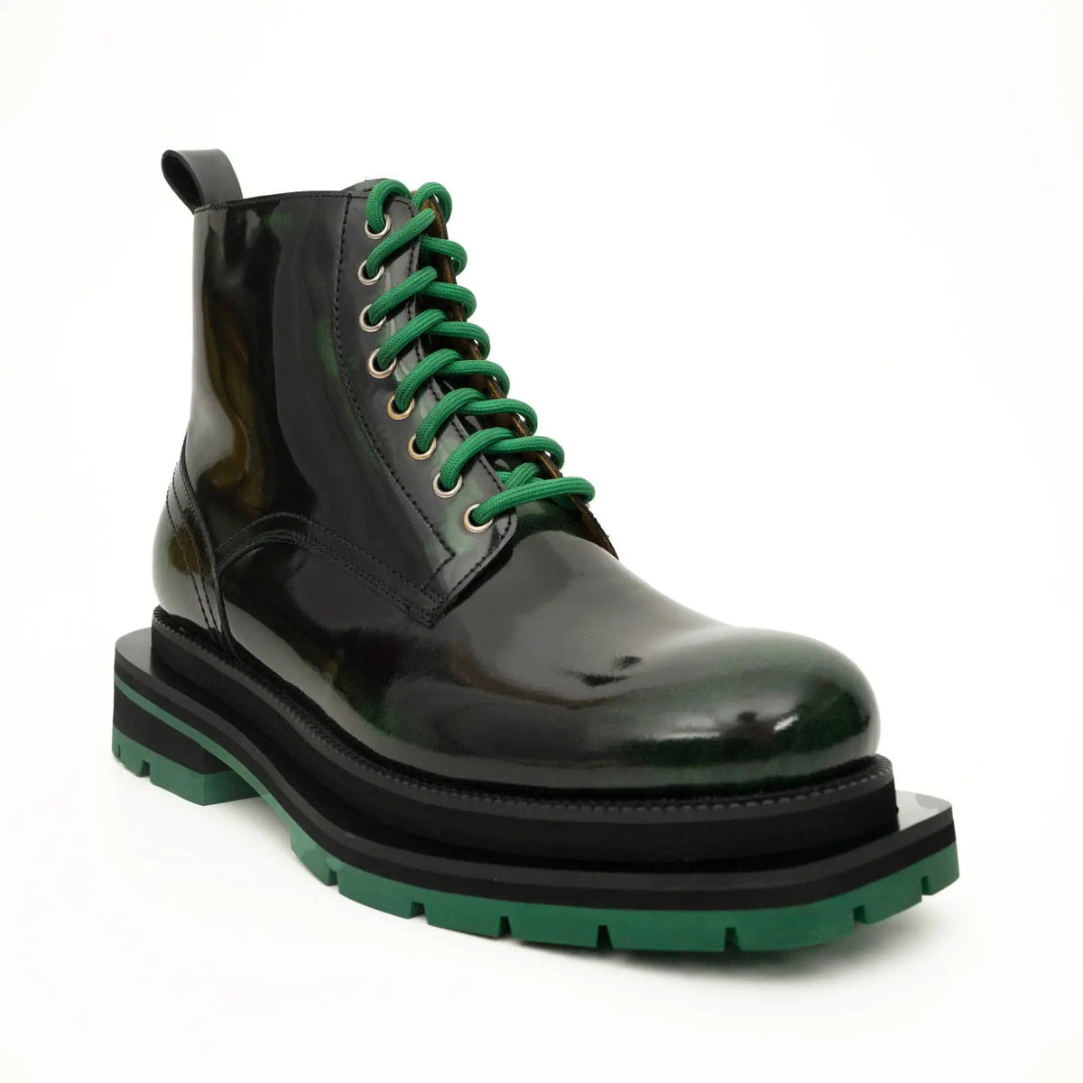 Green-Black Polished Lace-Up Boots DIVINCH