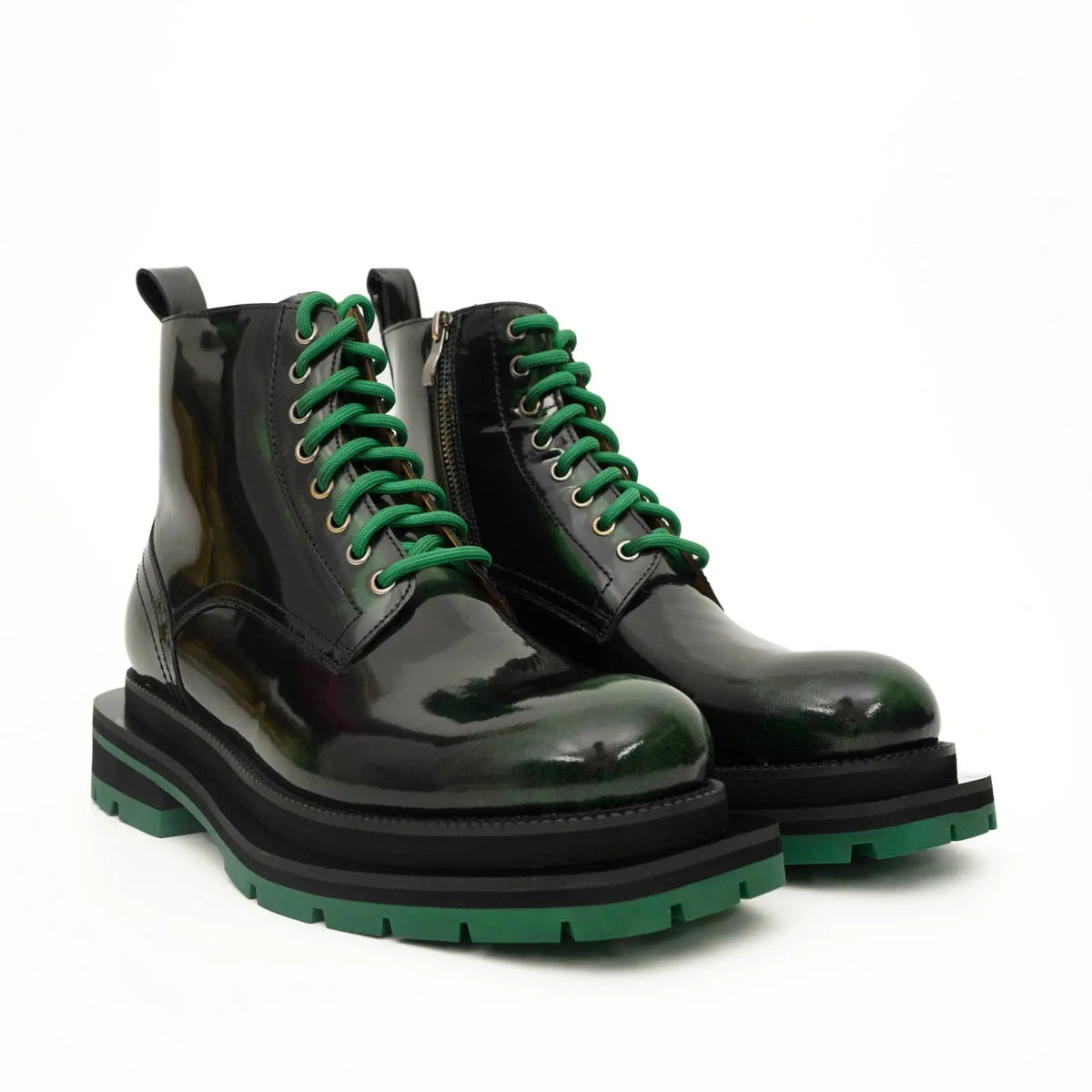 Green-Black Polished Lace-Up Boots DIVINCH