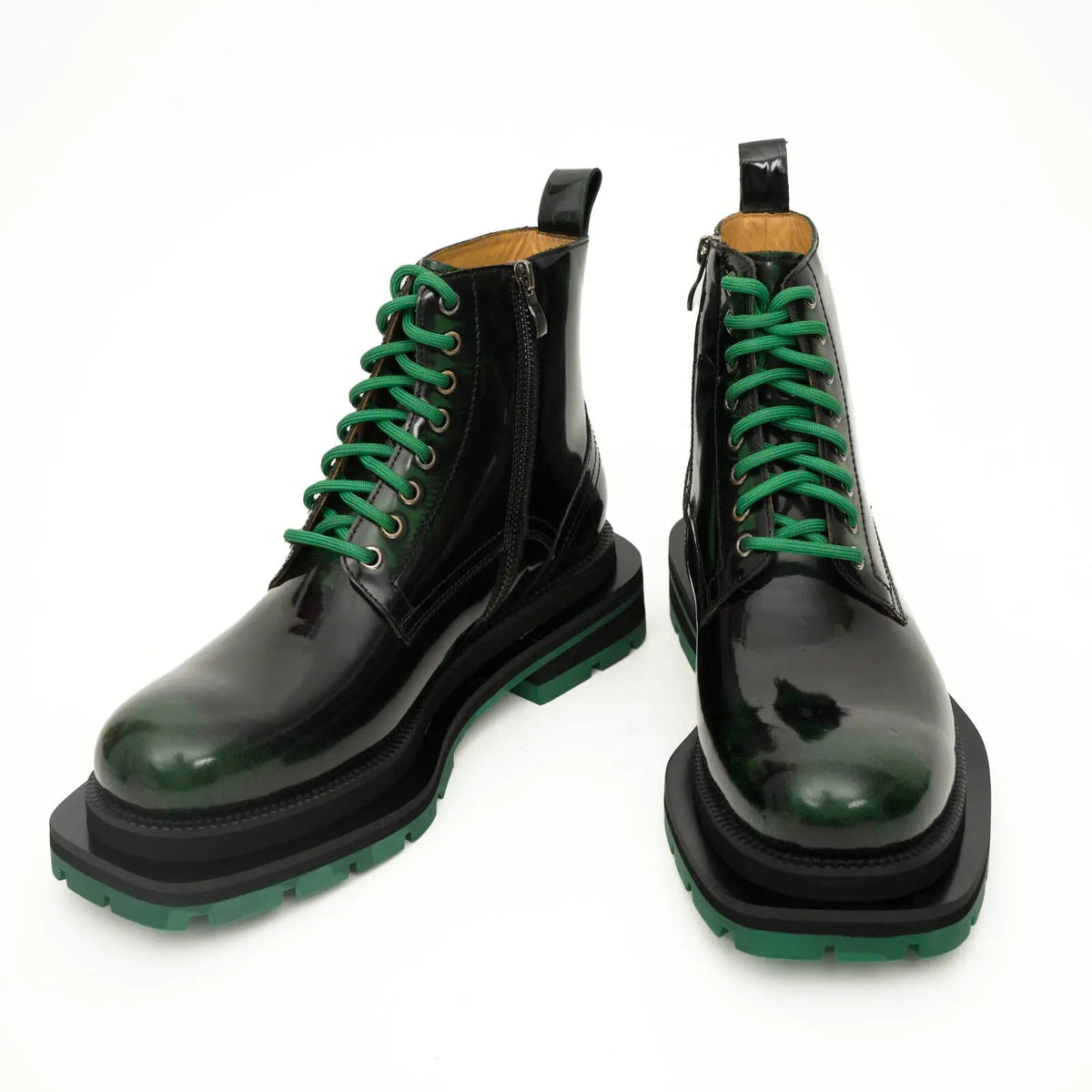 Green-Black Polished Lace-Up Boots DIVINCH