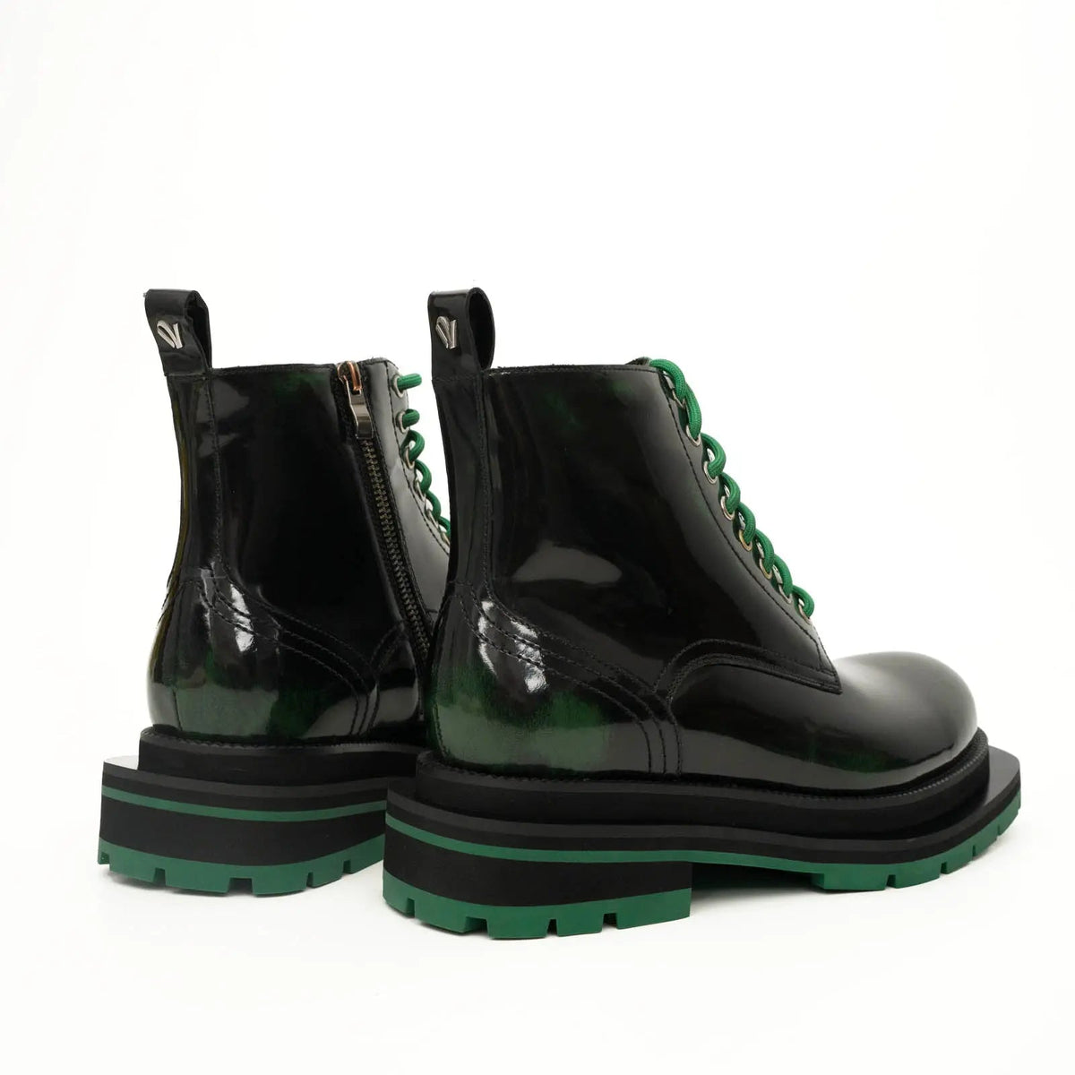 Green-Black Polished Lace-Up Boots DIVINCH