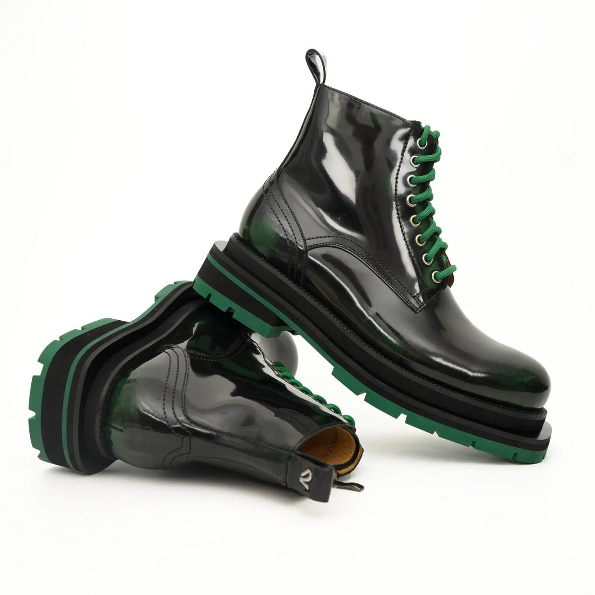 Green-Black Polished Lace-Up Boots DIVINCH