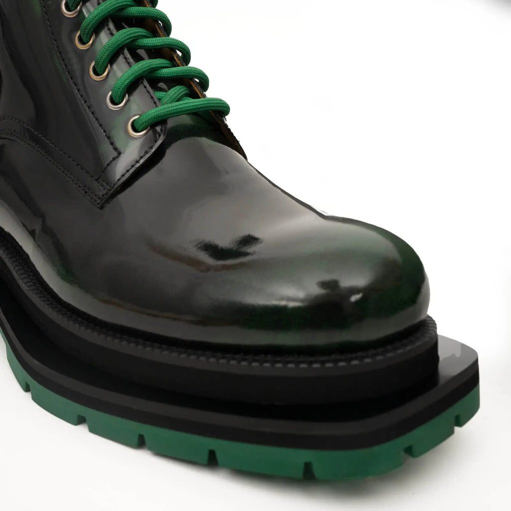 Green-Black Polished Lace-Up Boots DIVINCH