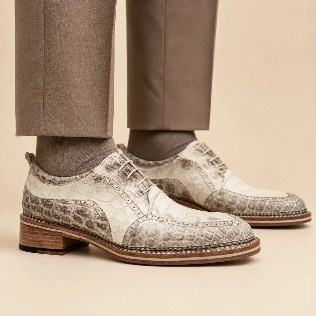 DIVINCH ivory and stone-grey embossed Oxford shoes worn on foot