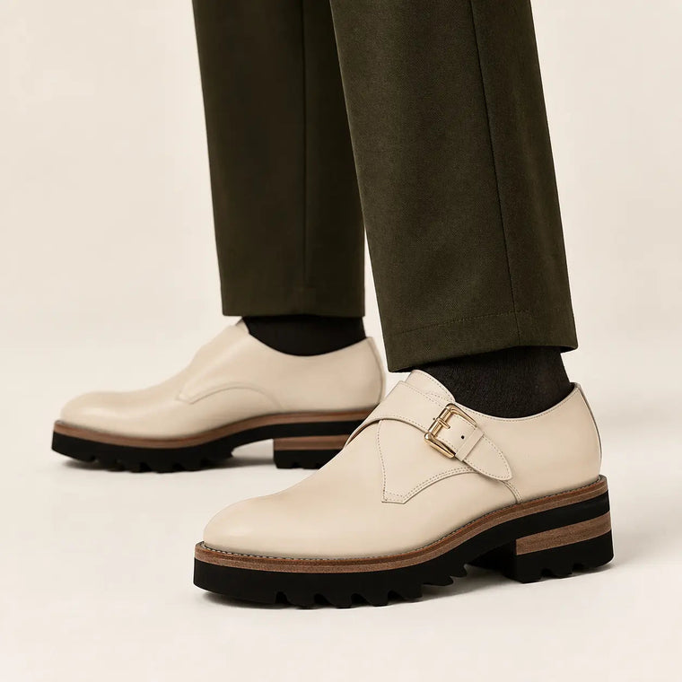 Ivory-White Single Monk Shoes with Gold-Tone Buckle