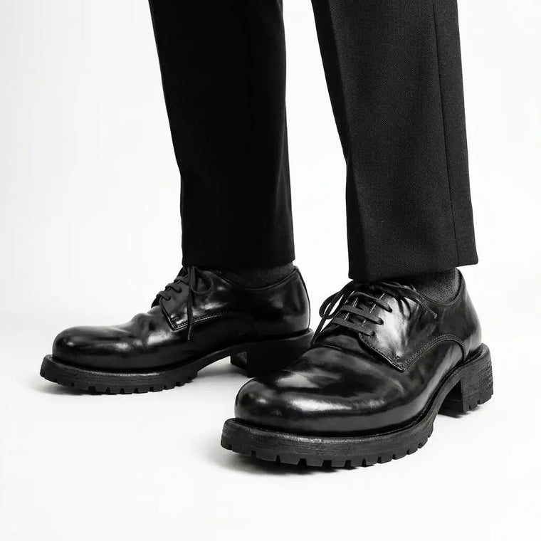 Black Glossy Lug-Sole Plain-Toe Derby Shoe