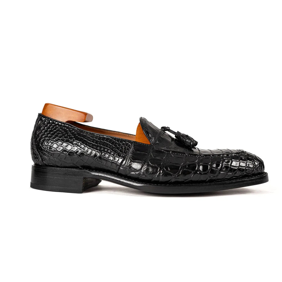 Men's Black Crocodile Tassel Loafers DIVINCH
