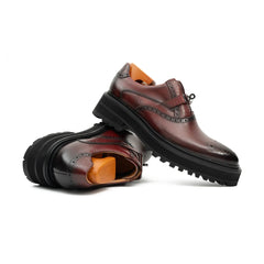 Men's Brogue Detail Leather Loafers Burgundy Divinch