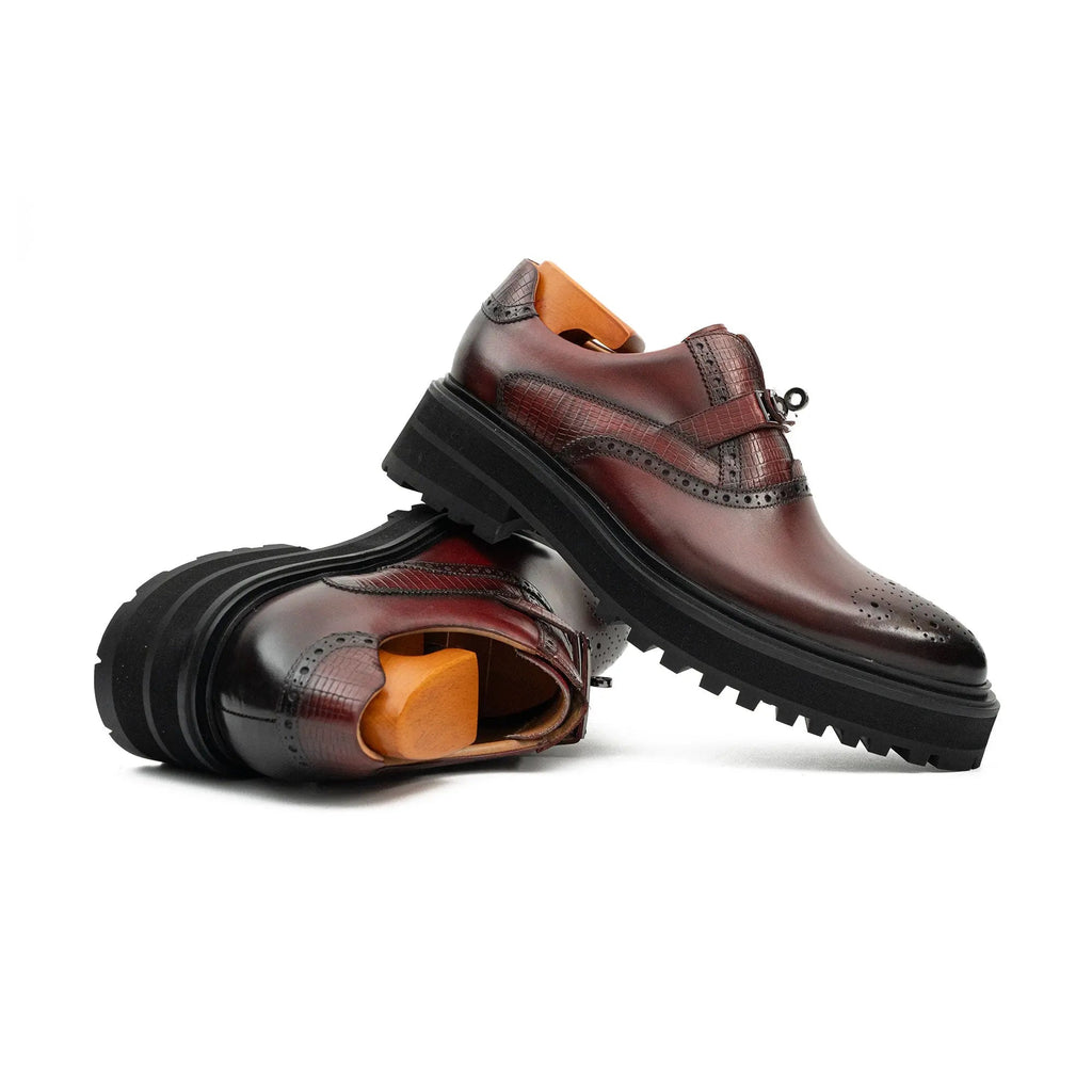 Men's Brogue Detail Leather Loafers Burgundy Divinch