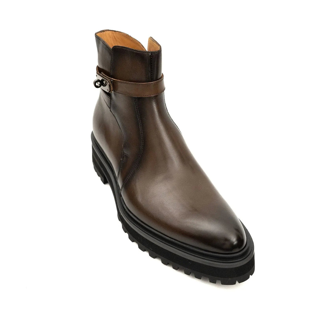Men's Coffee Calfskin Buckle Chelsea Boots