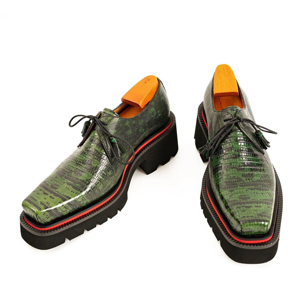 Men's Leather Derby Shoes with Snake-Print Platform Divinch