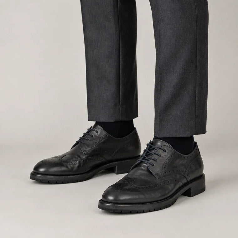 Deep Blue-Black Glossy Treaded-Sole Wingtip Derby Shoe