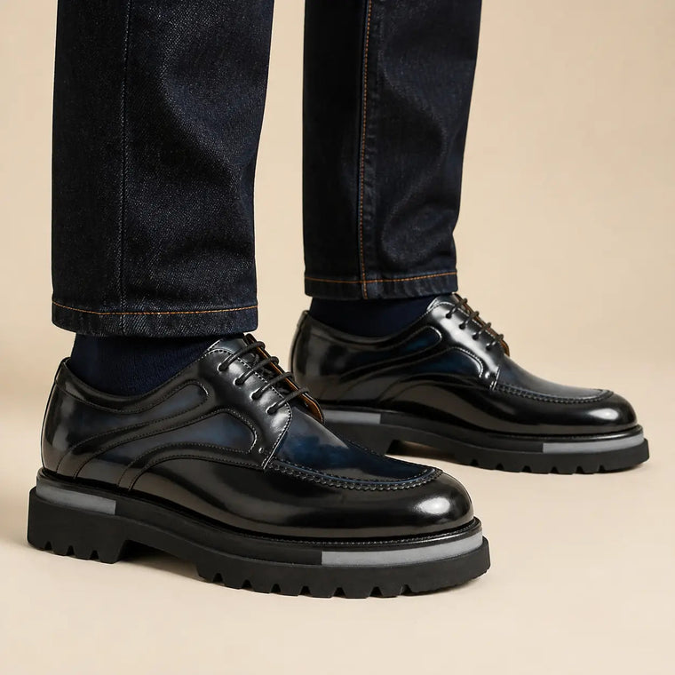 Black and Dark Blue Layered-Panel Derby Shoe