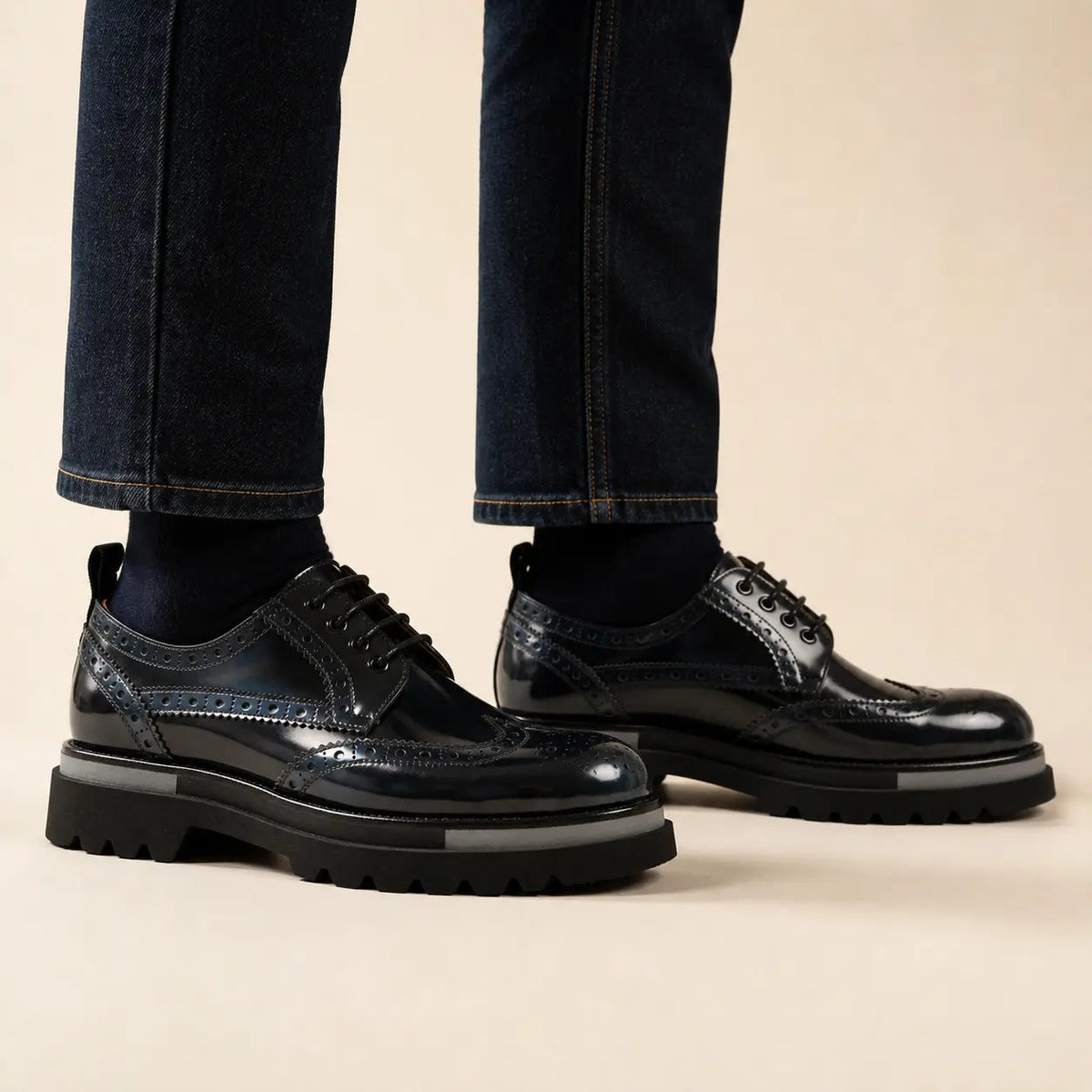 DIVINCH midnight navy wingtip platform Derby shoes worn on foot