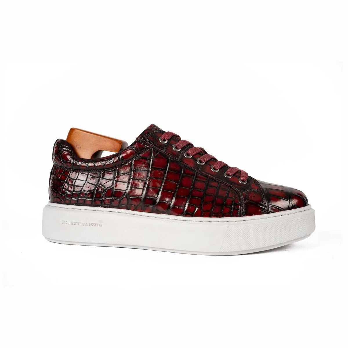 Burgundy and Black Glossy Textured Low-Top Sneaker