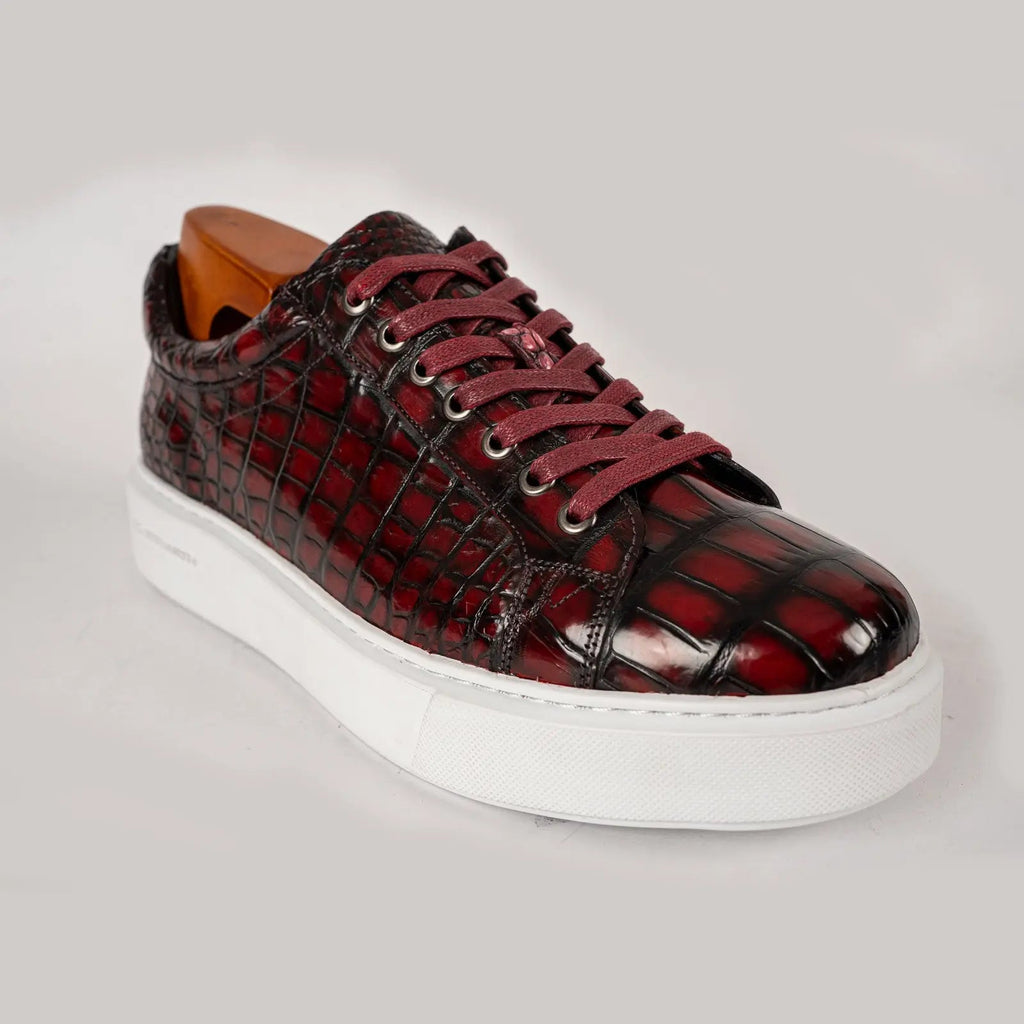 Burgundy and Black Glossy Textured Low-Top Sneaker