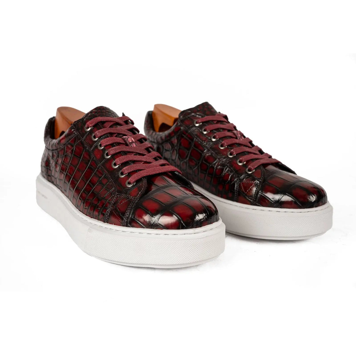 Burgundy and Black Glossy Textured Low-Top Sneaker