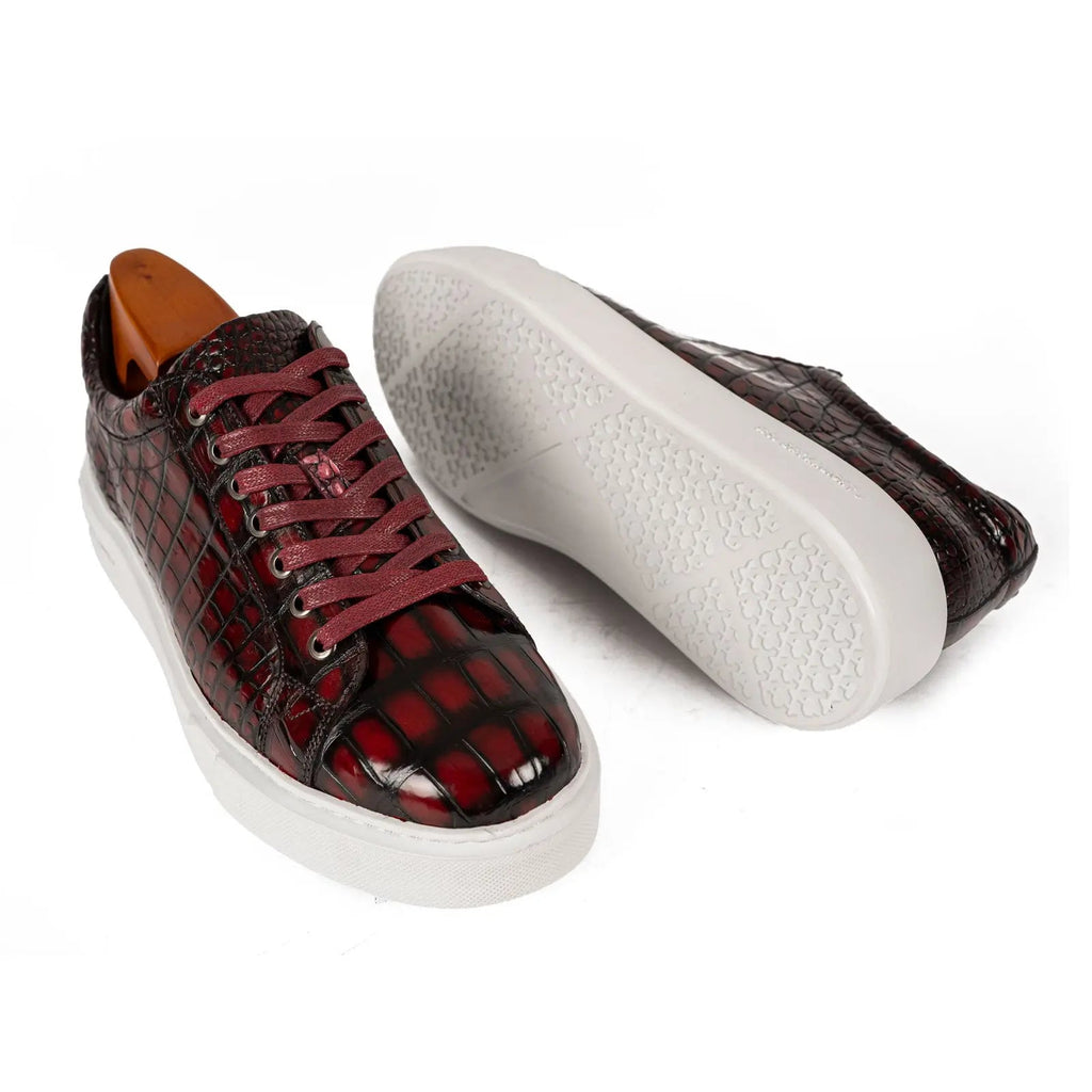 Burgundy and Black Glossy Textured Low-Top Sneaker