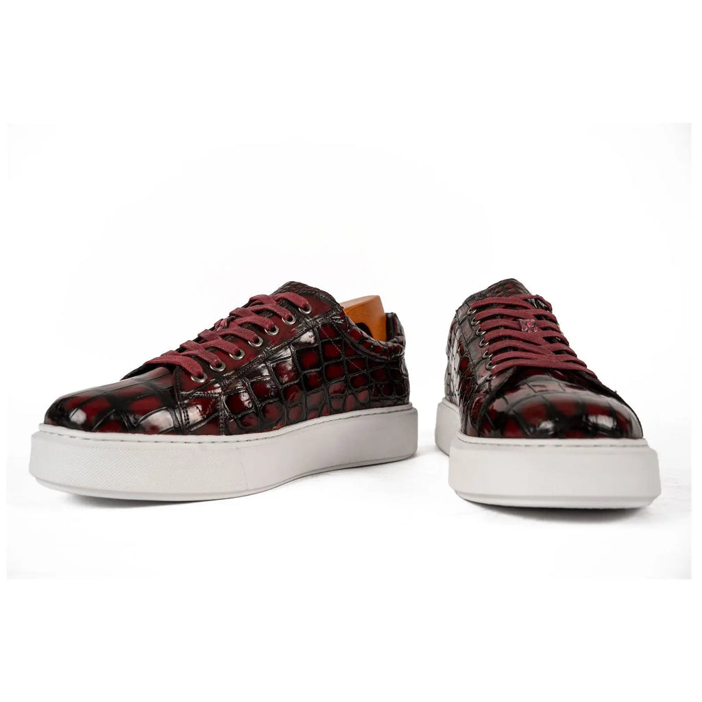 Burgundy and Black Glossy Textured Low-Top Sneaker