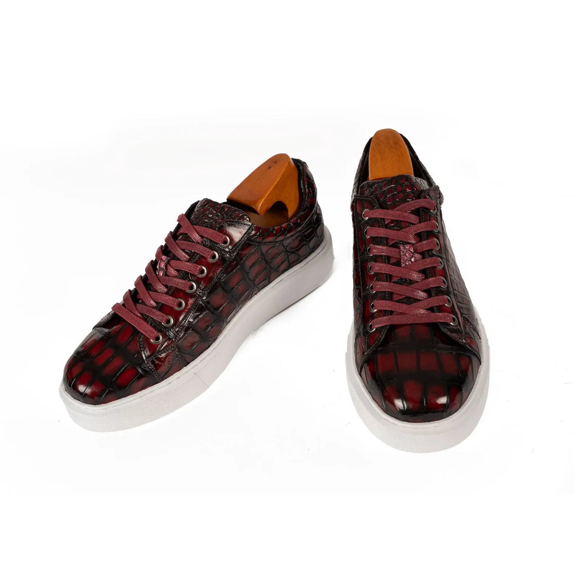 Burgundy and Black Glossy Textured Low-Top Sneaker