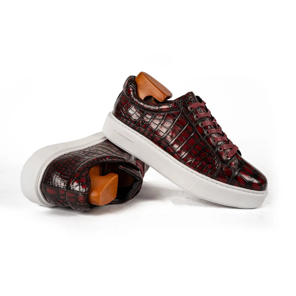 Burgundy and Black Glossy Textured Low-Top Sneaker
