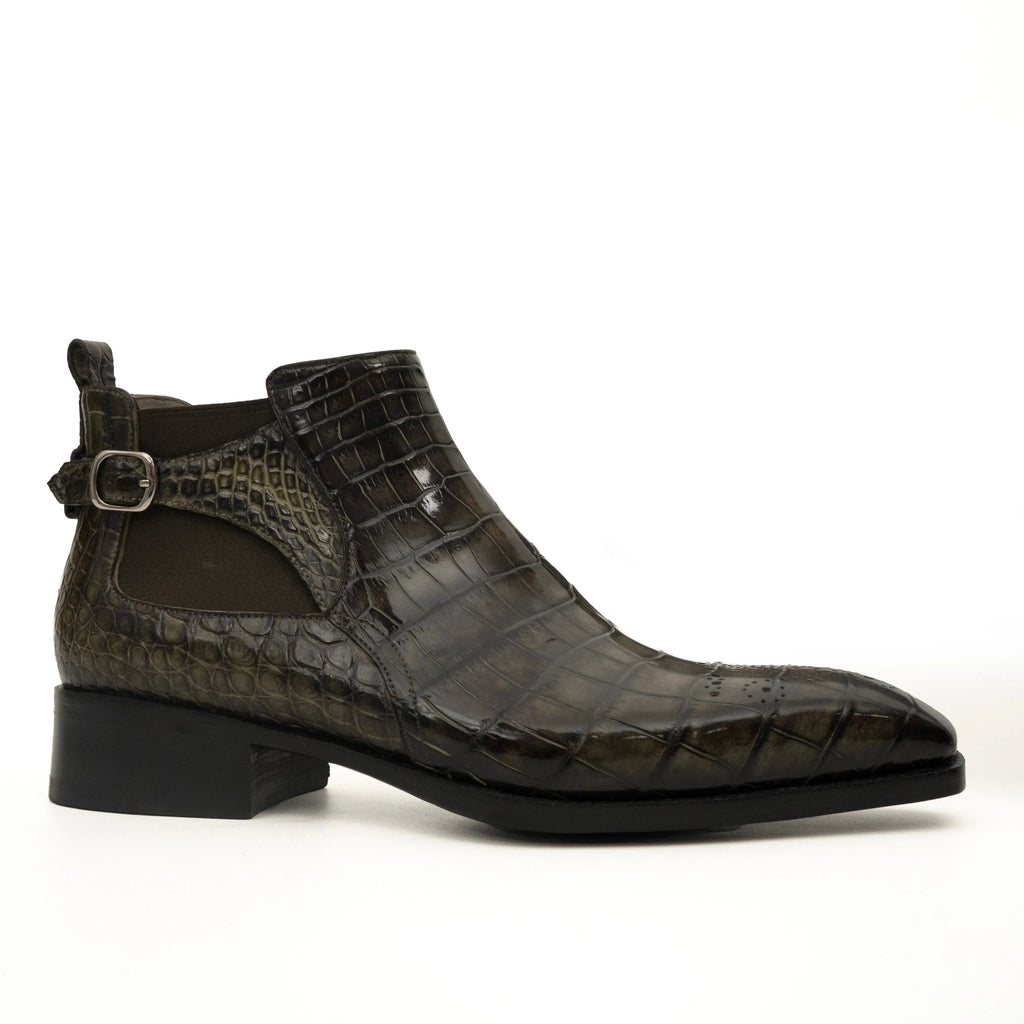 Olive Croc-Embossed Cutout Ankle Boots DIVINCH